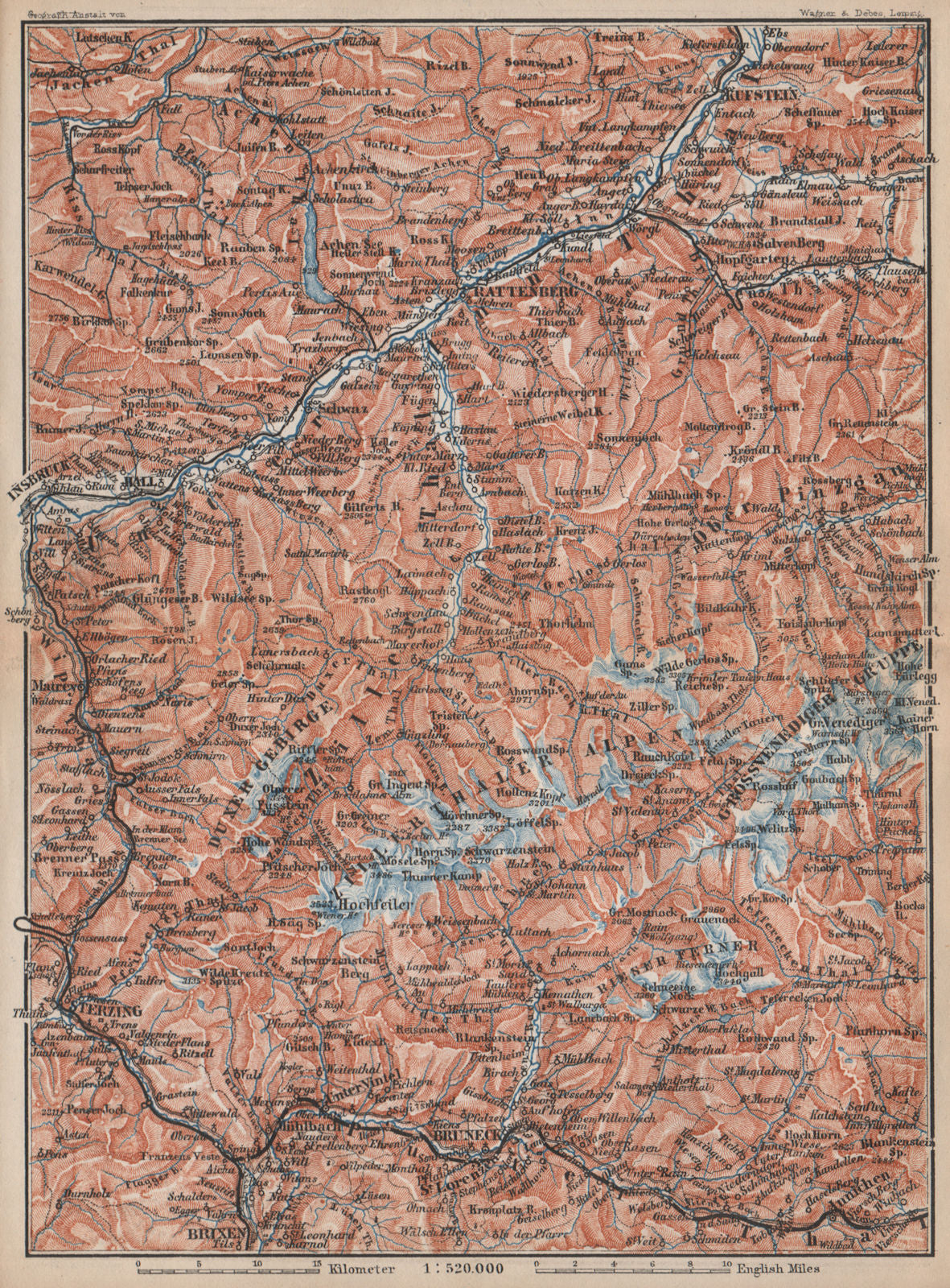 ZILLERTHAL/PUSTERTHAL. Igls Mayrhofen Söll Gerlos Oberau Brixen Fügen 1896 map